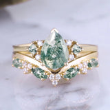 Sterling Silver 10K 14K 18K Gold  Personalized  Engraved Natural Moss Agate Engagement Bridal Wedding Ring Set