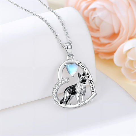 Sterling Silver Moonstone Pug Chihuahua Poodle German Shepherd Maltese Pendant Necklace Engraved wth I Love You Forever