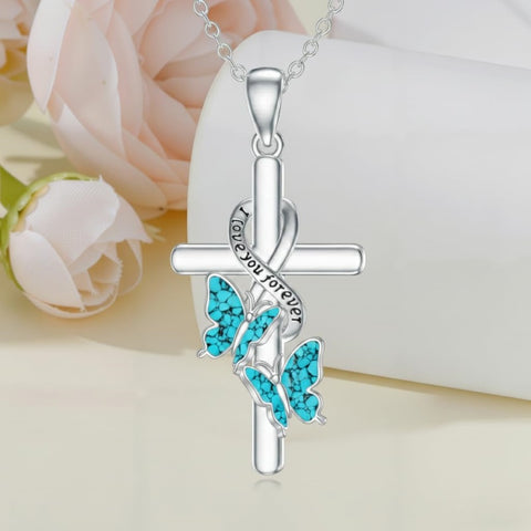 Sterling Silver  Hummingbird Blue Jay Dragonfly Butterfly Cross Necklace Engraved with I Love You Forever