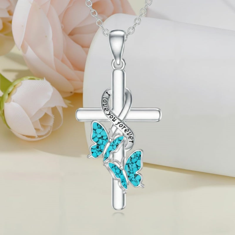 Sterling Silver  Hummingbird Blue Jay Dragonfly Butterfly Cross Necklace Engraved with I Love You Forever