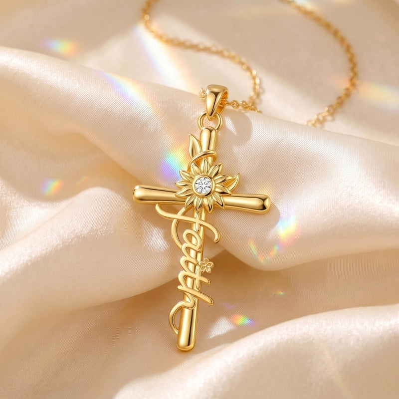 14K Gold Plated Faith Cross Pendant Necklace Religious Gifts for Women