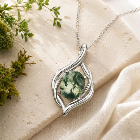 14K Gold Plated Moss Agate Pendant Necklace Boho Jewelry for Women