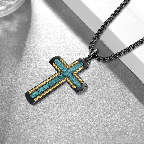 14K Gold Plated Turquoise Malachite Abalone Shell Cross Pendant Necklace for Men