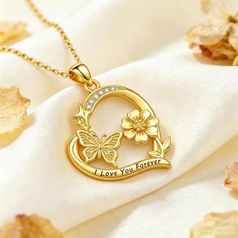 10K 14K 18K  Gold Cubic Zirconia Heart Shaped Bee Butterfly Dragonfly  Necklace Engraved with  I Love Your Forever
