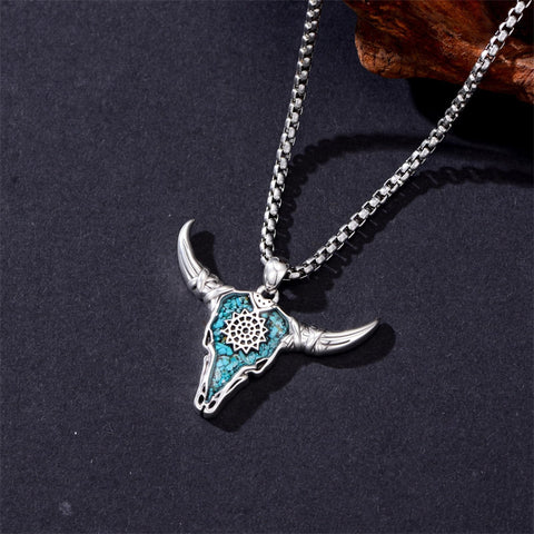 Sterling Silver Turquoise Cow Skull Pendant Necklace