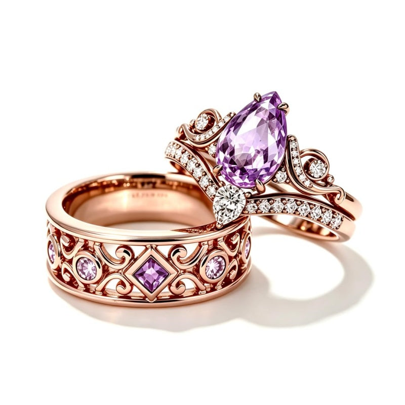 Sterling Silver 10K 14K 18K Gold Purple Gemstone Amethyst  Rings Set Couple Promise Rings Wedding Anniversary Rings