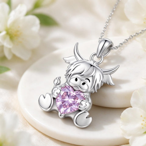 Sterling Silver Birthstone Highland Cow Pendant Necklace Birthday Christmas Gift