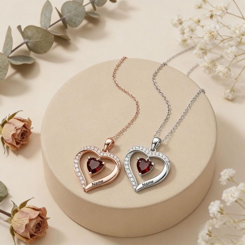 14K Gold Plated Personalized 1-5 Heart Birthstone Names Necklace  for Women