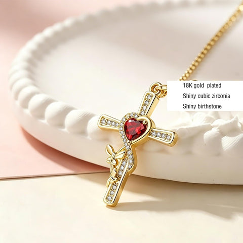 14K Gold Plated Birthstone Butterfly  Cross Pendant Necklace Anniversary Birthday for Her