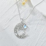 Sterling Silver Moonstone Tree of Life Wolf Cat Fox Rabbit Monkey Pendant Necklace Gift for  Birthday Christmas
