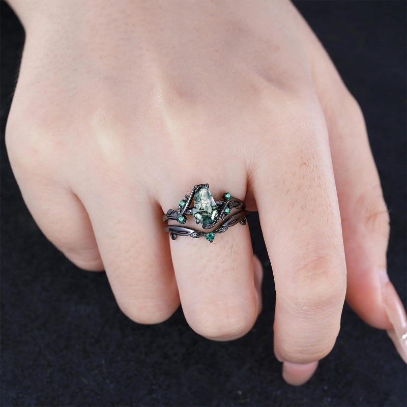 Sterling Silver 2CT Moss Agate  Engagement Wedding Ring Sets for Women