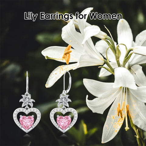 Sterling Silver Heart Cubic Zirconia Sunflower Rose Daisy Lily Lotus Hibiscus Dangle Earrings