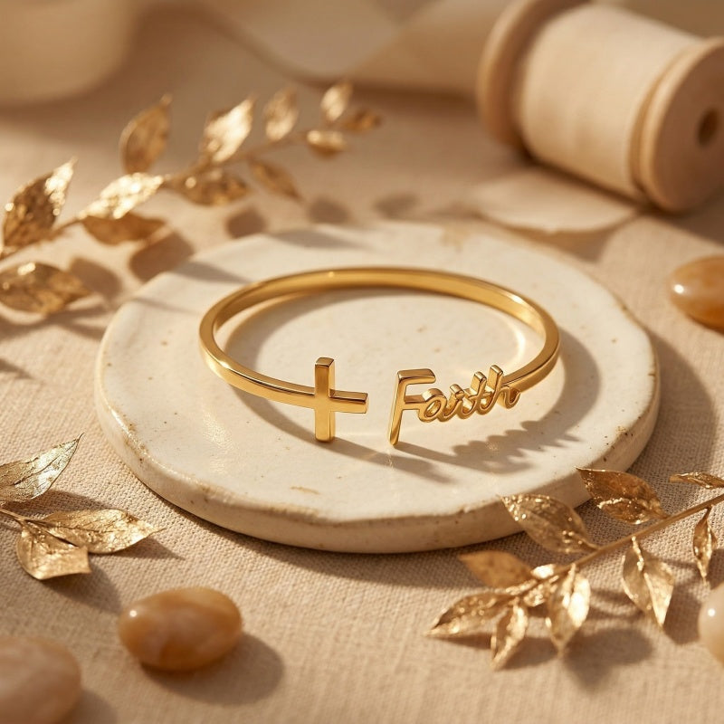 14K Gold  Plated Sideways Cross Bangle Cuff Bracelet Christian Jewelry for Women Inspiration Gift