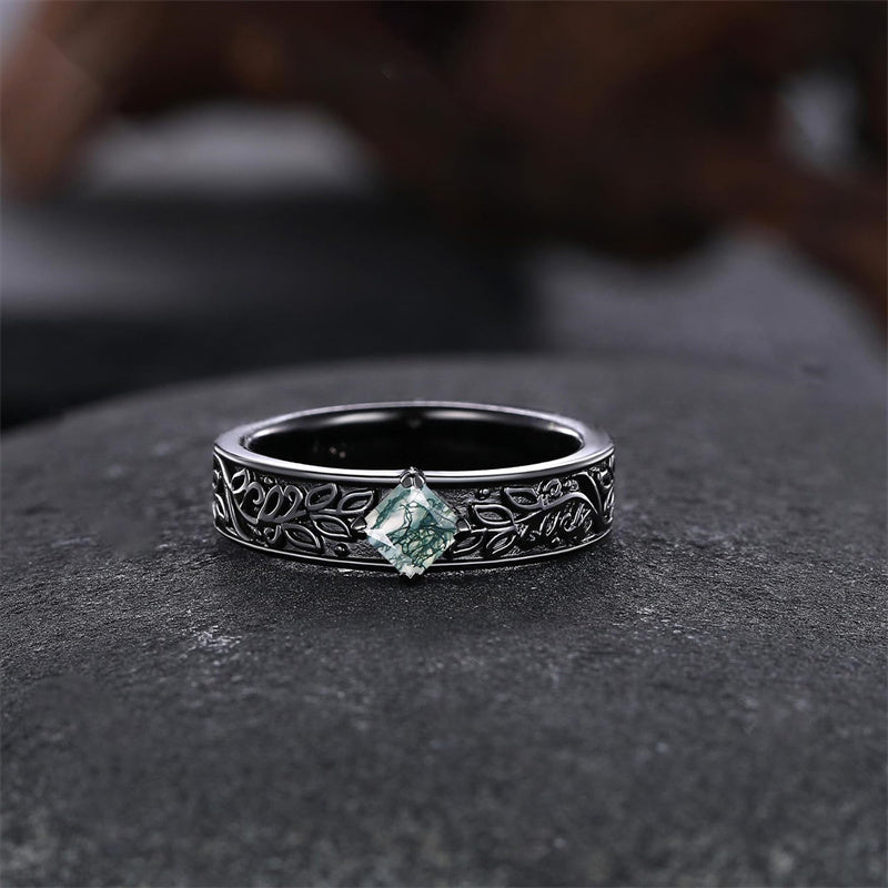 Sterling Silver 10K 14K 18K Gold Natural Leaf  Moss Agate Engagement Anniversary Couple Ring Sets