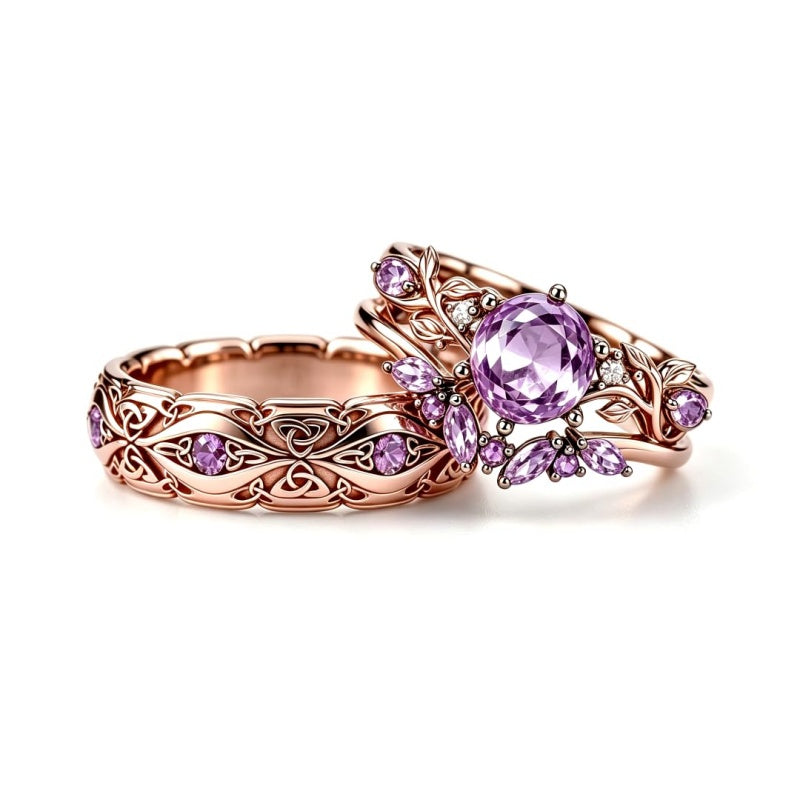 Sterling Silver 10K 14K 18K Gold Purple Gemstone Amethyst  Rings Set Couple Promise Rings Wedding Anniversary Rings