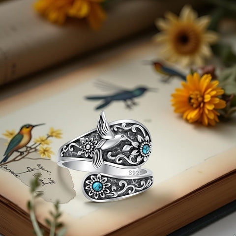 Sterling Silver Turquoise Hummingbird Butterfly Sunflower Adjustable Spoon Ring