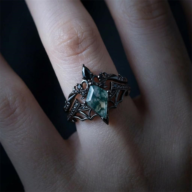 Sterling Silver 10K 14K  18K Gold Personalized Engraved Moss Agate Gothic Promise Wedding Engagement Black Ring Set