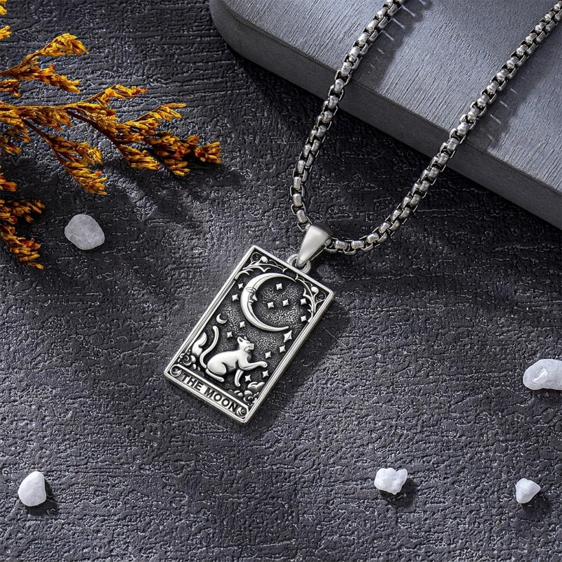 Sterling Silver Tarot Card Pendant  Necklace for Men Gothic Amulet Jewelry