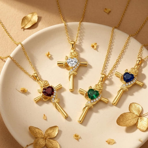 14K Gold Plated Birthstone Rose Cross Necklace for Women Faith Jewelry Gift