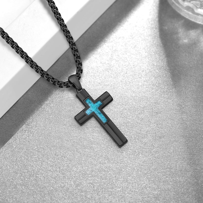 14K Gold Plated Turquoise Malachite Abalone Shell Cross Pendant Necklace for Men