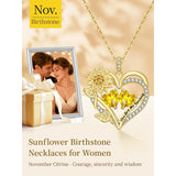 14K Gold  Plated Double Birthstone Heart Sunflower Necklace for Women
