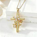 Birthston Butterfly Rose 14K Plated Gold Cross Pendant Necklace for Women
