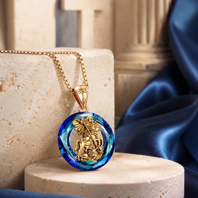 14K Gold Plated Blue Crystal Saint Protection Pendant Necklace Amulet Baptism Gift