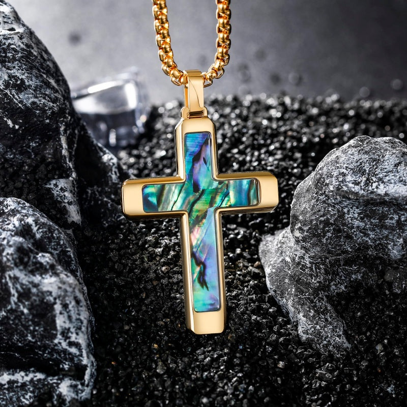 14K Gold Plated Wooden Abalone Shell Cross Pendant Necklacefor Men