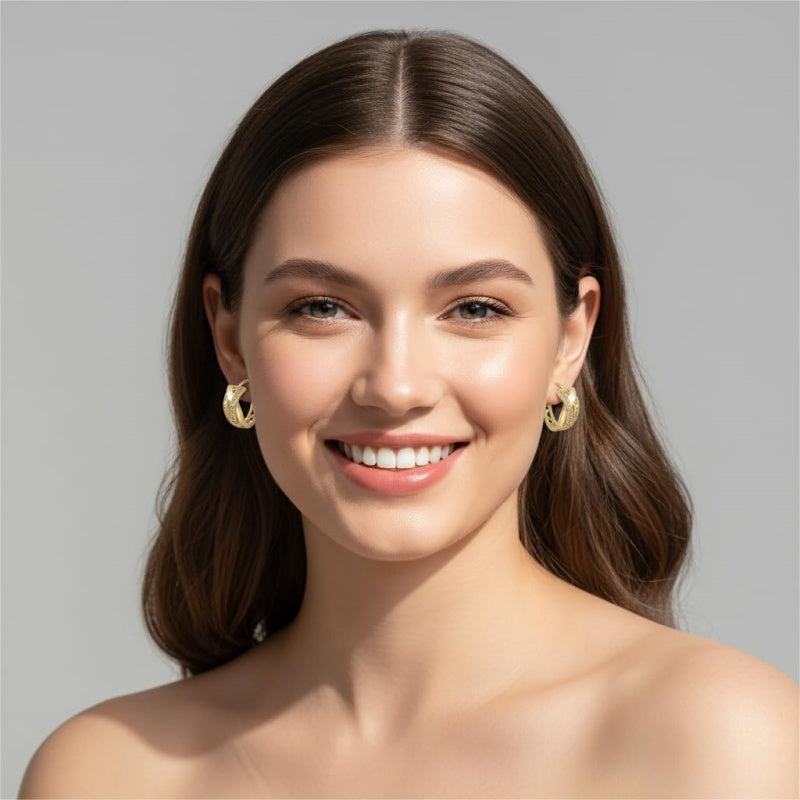 14K Gold Plated Cubic Zirconia X-shaped Thick Small Hoop Earring