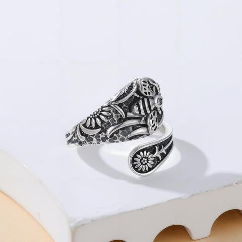 Sterling Silver Turquoise Hummingbird Butterfly Sunflower Adjustable Spoon Ring
