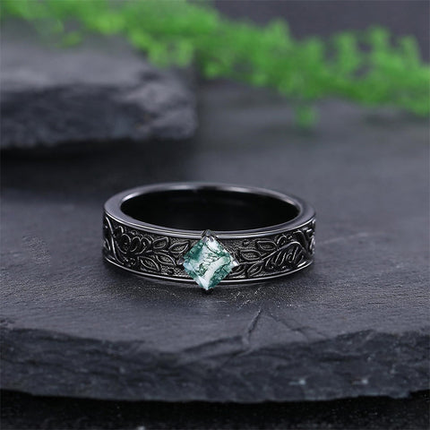 Sterling Silver 10K 14K 18K Gold Natural Leaf  Moss Agate Engagement Anniversary Couple Ring Sets