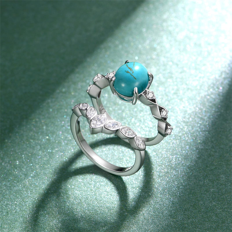 Sterling Silver Genuine Turquoise Engagement Wedding Ring Set for Women