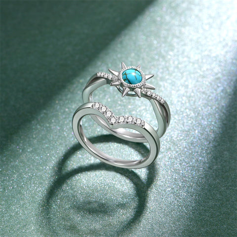Sterling Silver Genuine Turquoise Engagement Wedding Ring Set for Women