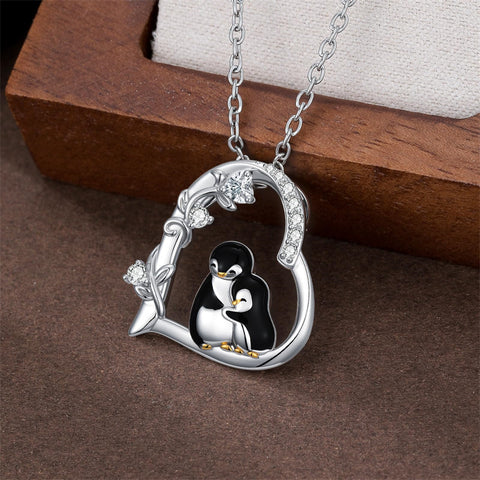 Sterling Silver Cubic Zircon Mother Daughter Mama Bear Giraffe Elephants Otters Penguins Heart Pendant Necklace