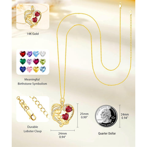 10K 14K 18K Gold Double Birthstone Heart Mother Son/Daughter Pendant Necklace for Mom