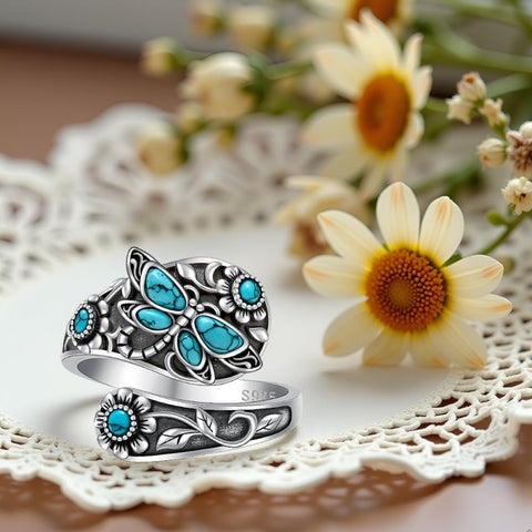 Sterling Silver Turquoise Hummingbird Butterfly Sunflower Adjustable Spoon Ring