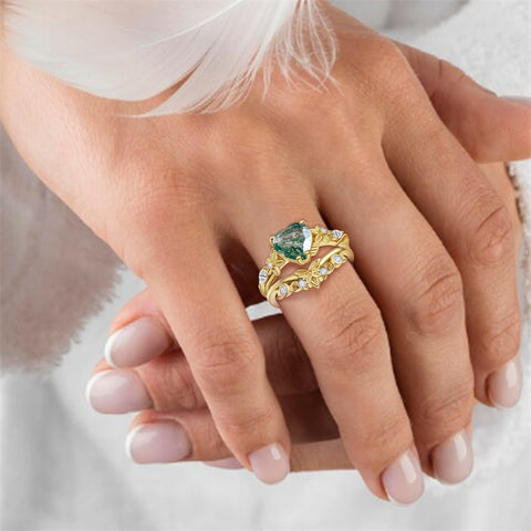 Sterling Silver 10K 14K 18K Gold Heart Moss Agate Opal Cubic Zirconia Promise Rings For Women