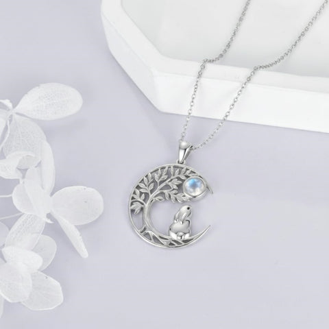 Sterling Silver Moonstone Tree of Life Wolf Cat Fox Rabbit Monkey Pendant Necklace Gift for  Birthday Christmas