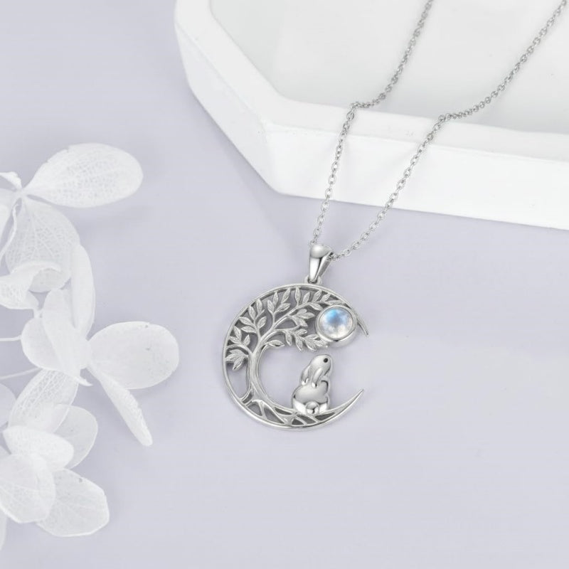 Sterling Silver Moonstone Tree of Life Wolf Cat Fox Rabbit Monkey Pendant Necklace Gift for  Birthday Christmas