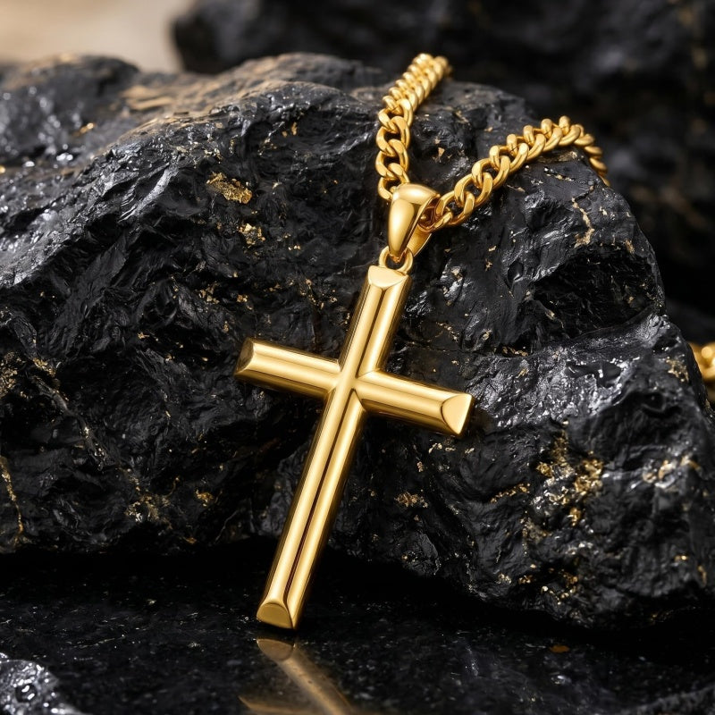 Cross Pendant Necklace for Men 14K Gold Plated Minimalist Christian Jewelry Religious Gift
