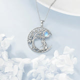 Sterling Silver Moonstone Tree of Life Wolf Cat Fox Rabbit Monkey Pendant Necklace Gift for  Birthday Christmas
