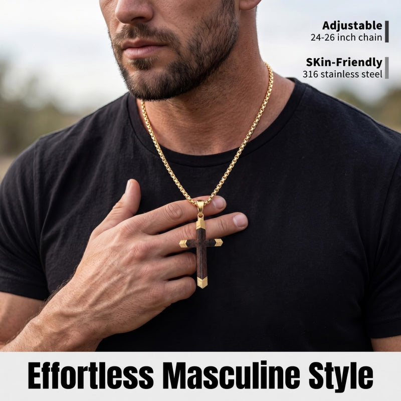 14K Gold  Plated Wooden Cross Crucifix Pendant Necklace for Men