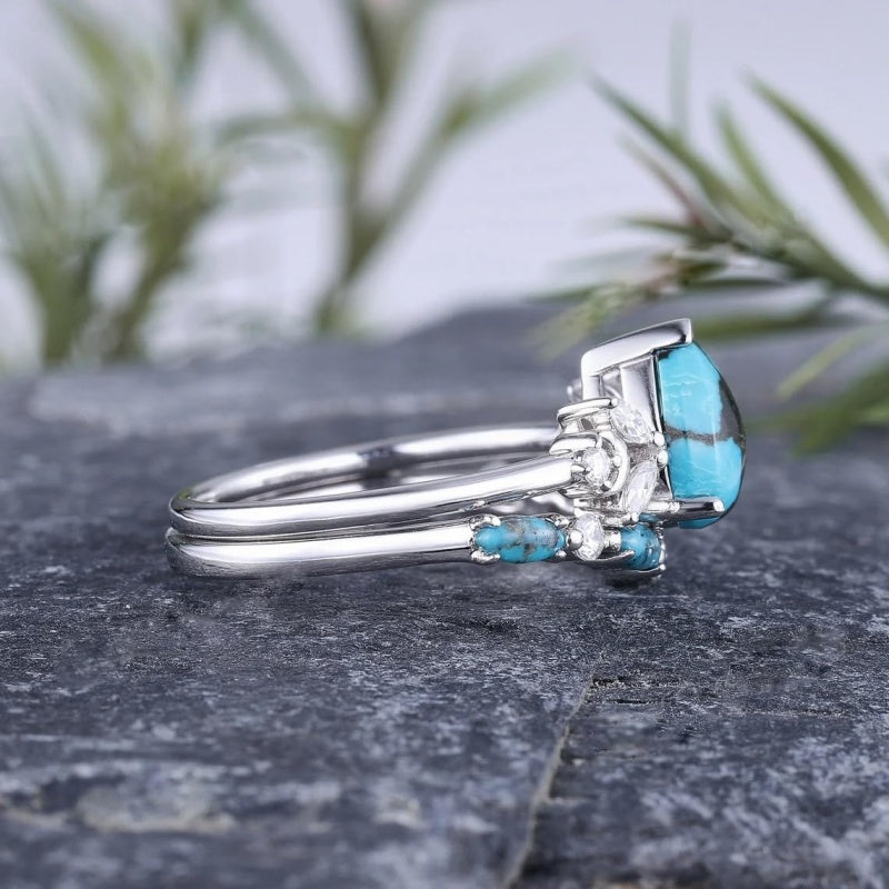 Sterling Silver 10K 14K 18K Gold Turquoise Engagement  Wedding Ring Set for Women