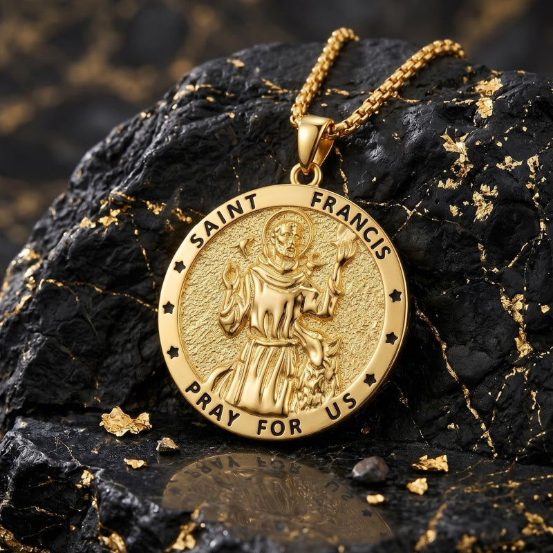 14K Gold Plated Saint Medal Christian  Pendant Necklace for Men