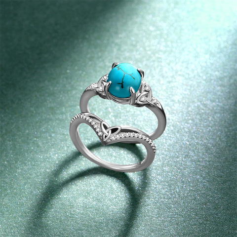 Sterling Silver Genuine Turquoise Engagement Wedding Ring Set for Women