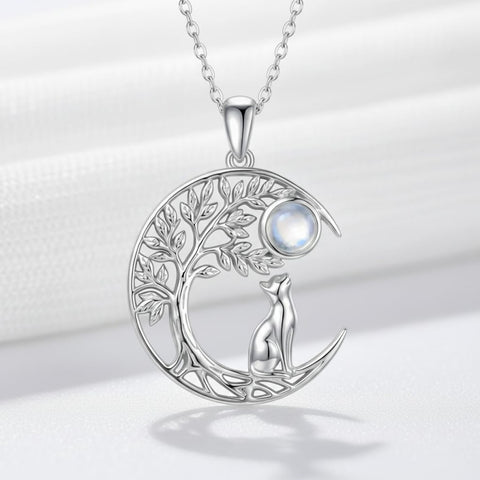Sterling Silver Moonstone Tree of Life Wolf Cat Fox Rabbit Monkey Pendant Necklace Gift for  Birthday Christmas