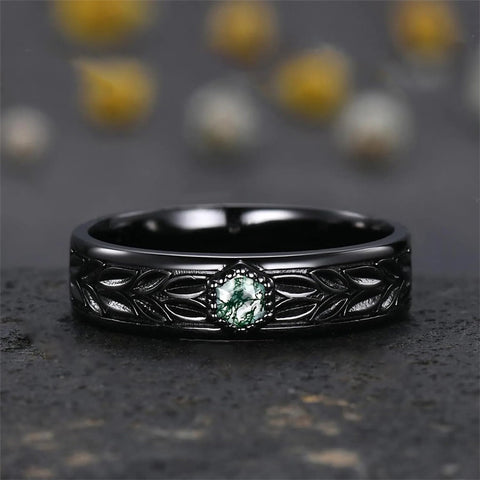 Sterling Silver 10K 14K 18K Gold Natural Leaf  Moss Agate Engagement Anniversary Couple Ring Sets