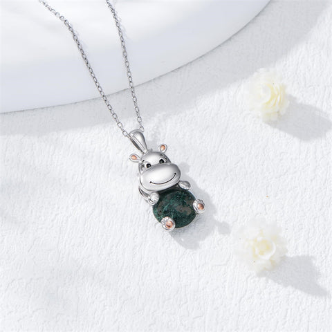 Sterling Silver Moss Agate Hippo  Pendant Necklace