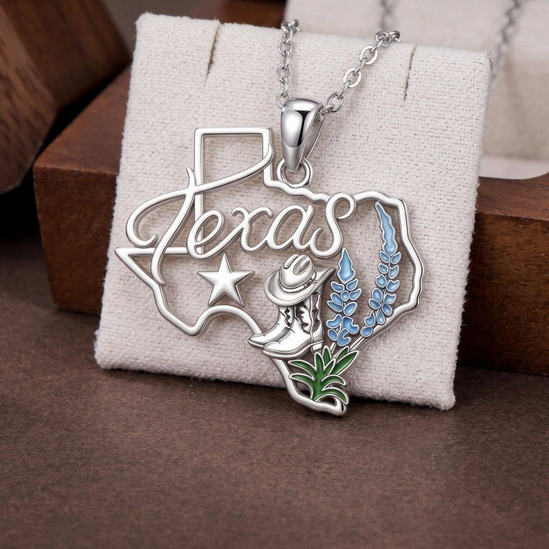 Sterling Silver  Bluebonnets Cow Skull Cowboy Hat Boot Cactus Cowgirl Texas Necklace Texas Necklace