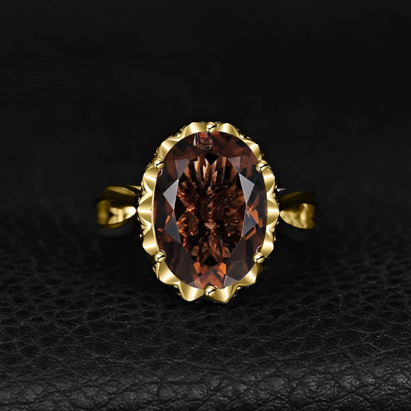14K Gold Plated  Oval Shape 3.7CT Genuine Smoky Quartz Cocktail Rings for Her